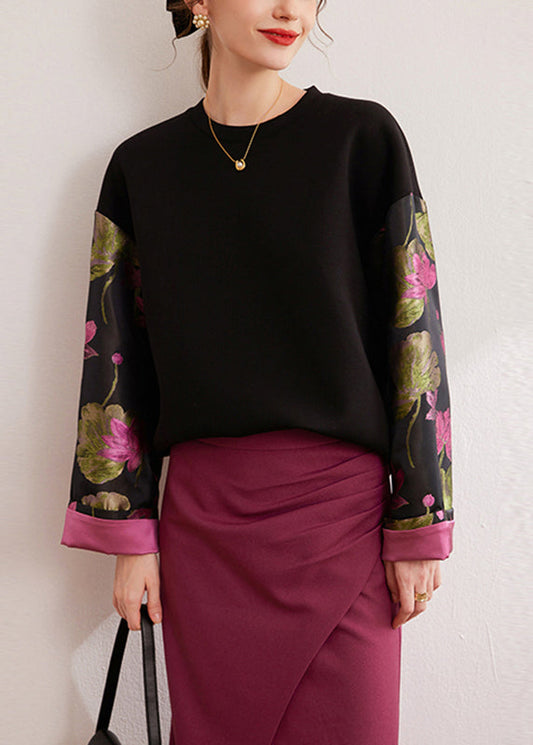 Vintage Black O-Neck Print Silk Cotton Pullover Spring