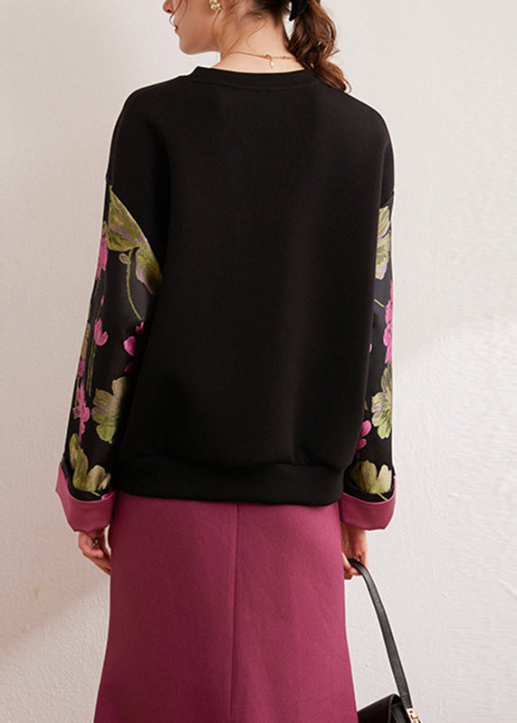 Vintage schwarzer Pullover aus bedruckter Seide und Baumwolle mit Rundhalsausschnitt für den Frühling