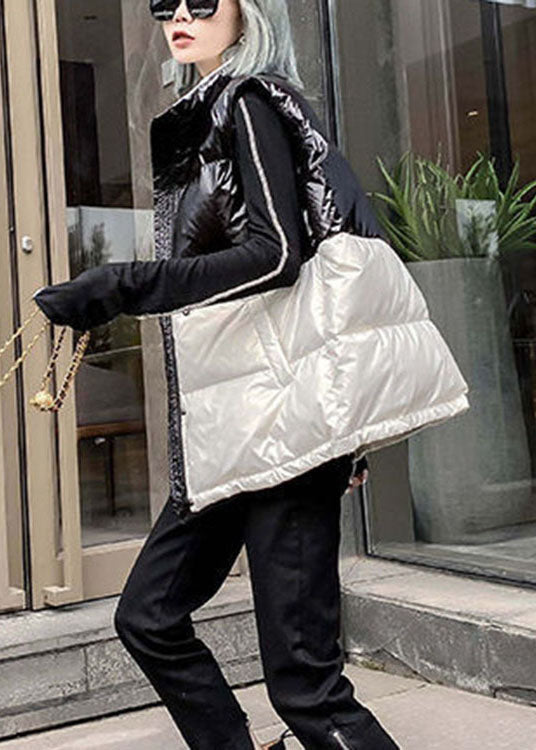 Vintage Schwarz Patchwork Weiß Taschen Schleife Winter Ärmellose Puffer Weste