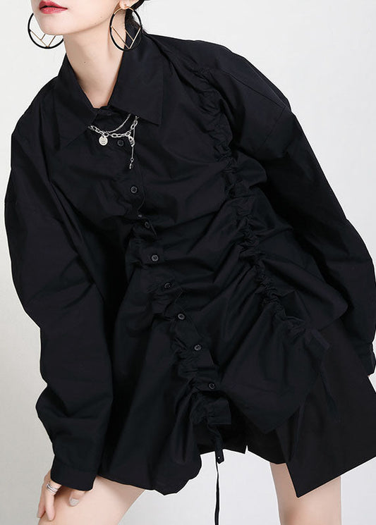 Vintage Schwarz Peter Pan Kragen Knopf Asymmetrisches Design Kordelzug Herbst Shirts Langarm