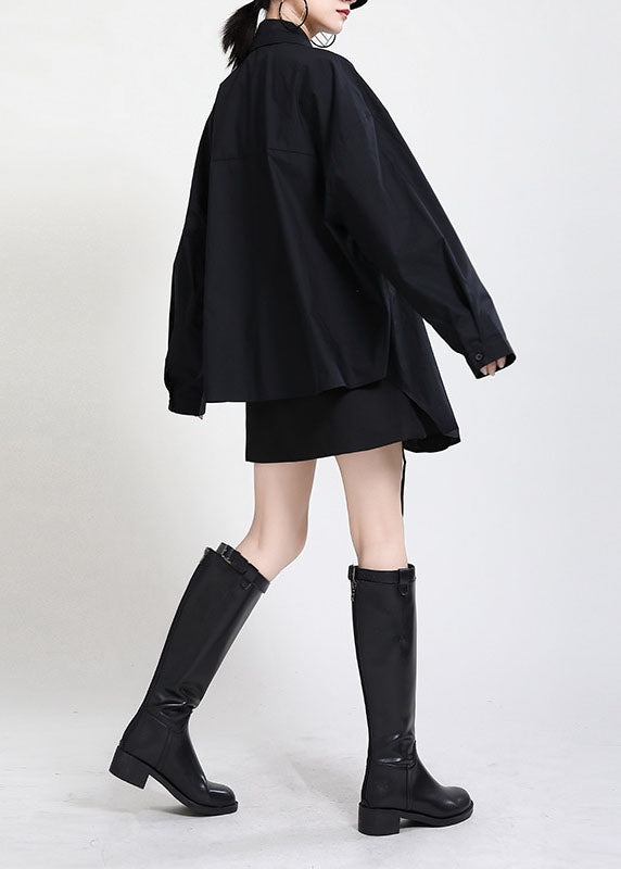 Vintage Black Peter Pan Collar Button Asymmetrical Design Drawstring Fall Shirts Long sleeve