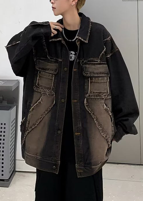 Vintage Black Peter Pan Collar Pockets Denim Mens Coats Fall