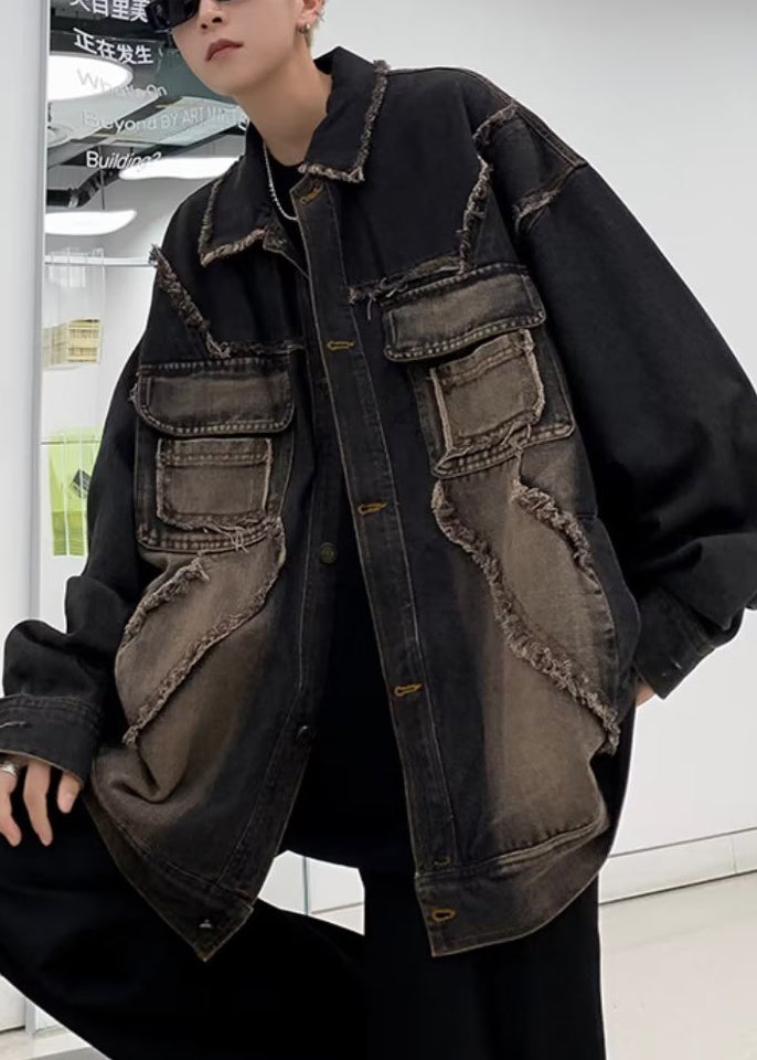 Vintage Black Peter Pan Collar Pockets Denim Mens Coats Fall