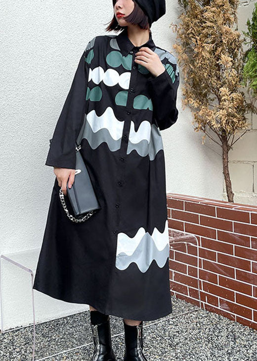 Vintage Schwarz Print Knopftaschen Herbsthemden Langarmkleid