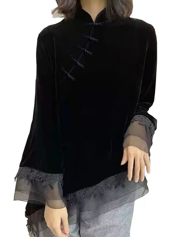 Vintage Schwarz Stehkragen Asymmetrische Patchwork Velour Shirt Herbst