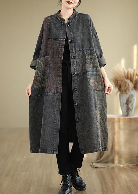 Vintage Black Stand Collar Pockets Patchwork Long Trench Coat Fall