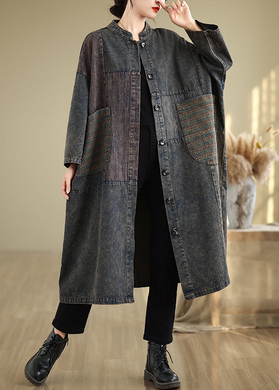 Vintage Black Stand Collar Pockets Patchwork Long Trench Coat Fall
