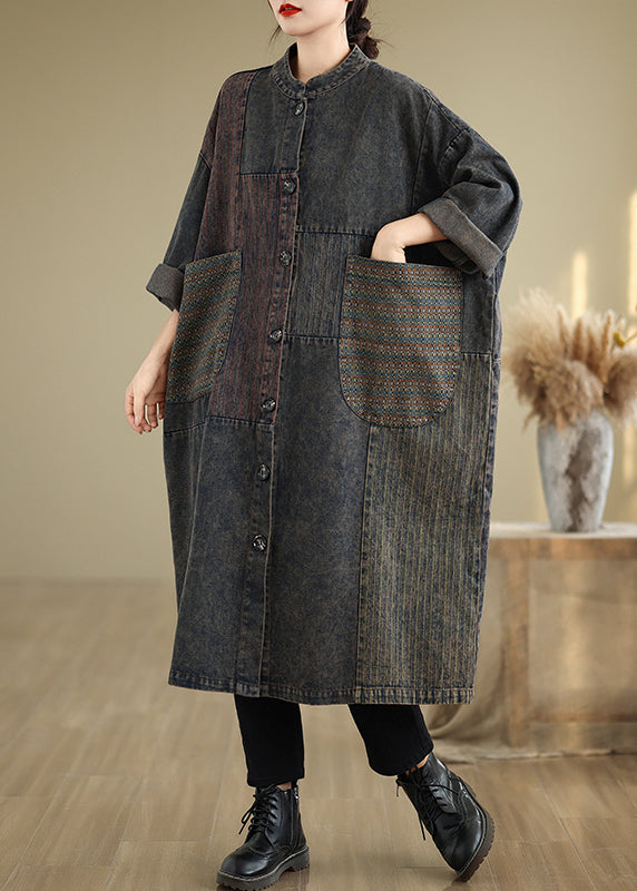Vintage Black Stand Collar Pockets Patchwork Long Trench Coat Fall