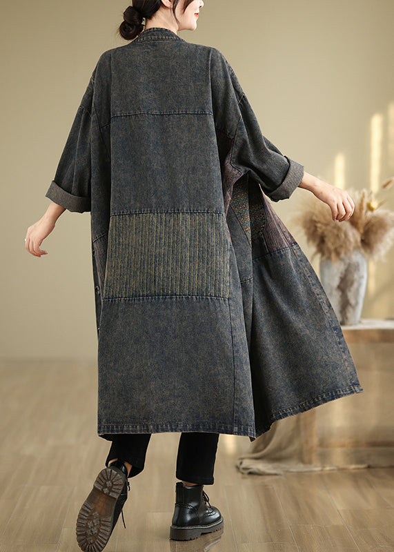 Vintage Black Stand Collar Pockets Patchwork Long Trench Coat Fall