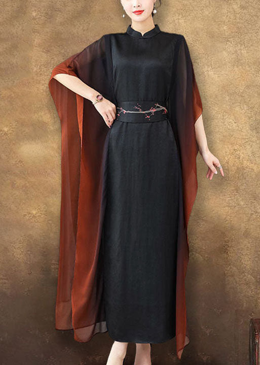 Vintage Schwarz Stehkragen Schärpen Seide Urlaub Kleider Batwing