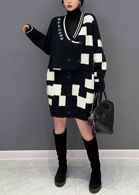 Vintage Schwarzer Rollkragen Patchwork Plaid Strick Fake Zweiteiler Langer Pullover Winter