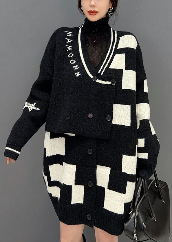 Vintage Schwarzer Rollkragen Patchwork Plaid Strick Fake Zweiteiler Langer Pullover Winter