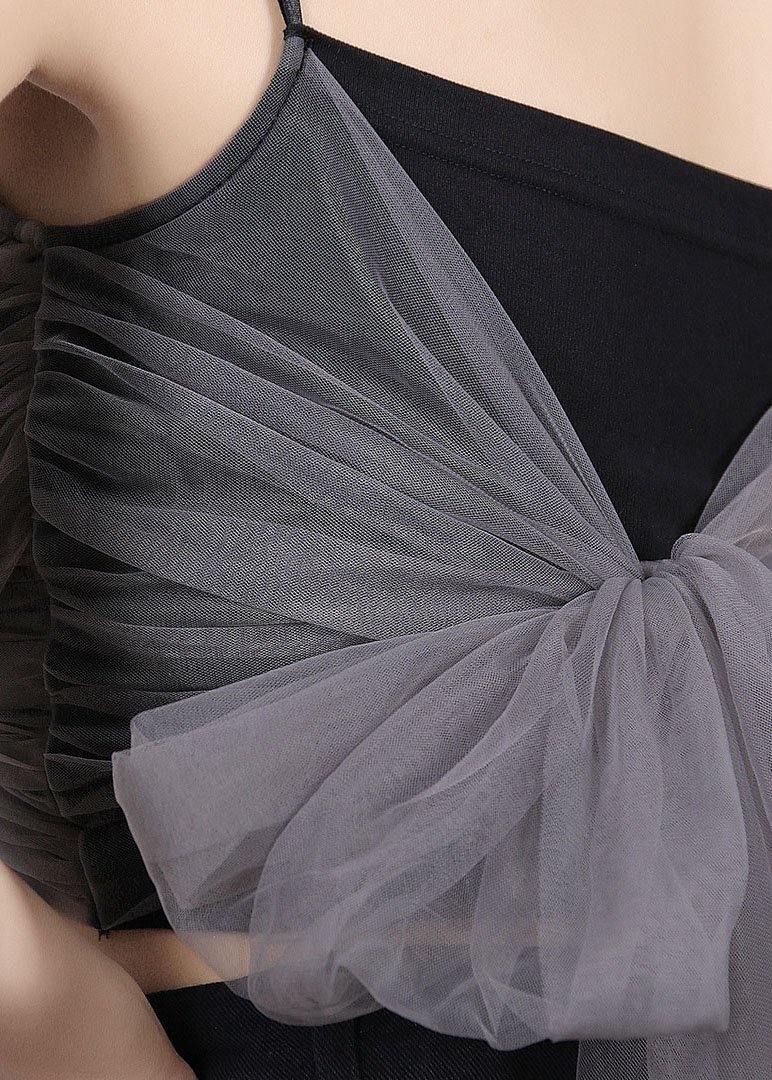 Vintage Black V Neck Patchwork Tulle Bow Cotton Tanks Summer - SooLinen