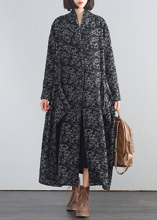 Vintage Schwarz V-Ausschnitt Print Button Trenchcoats Herbst