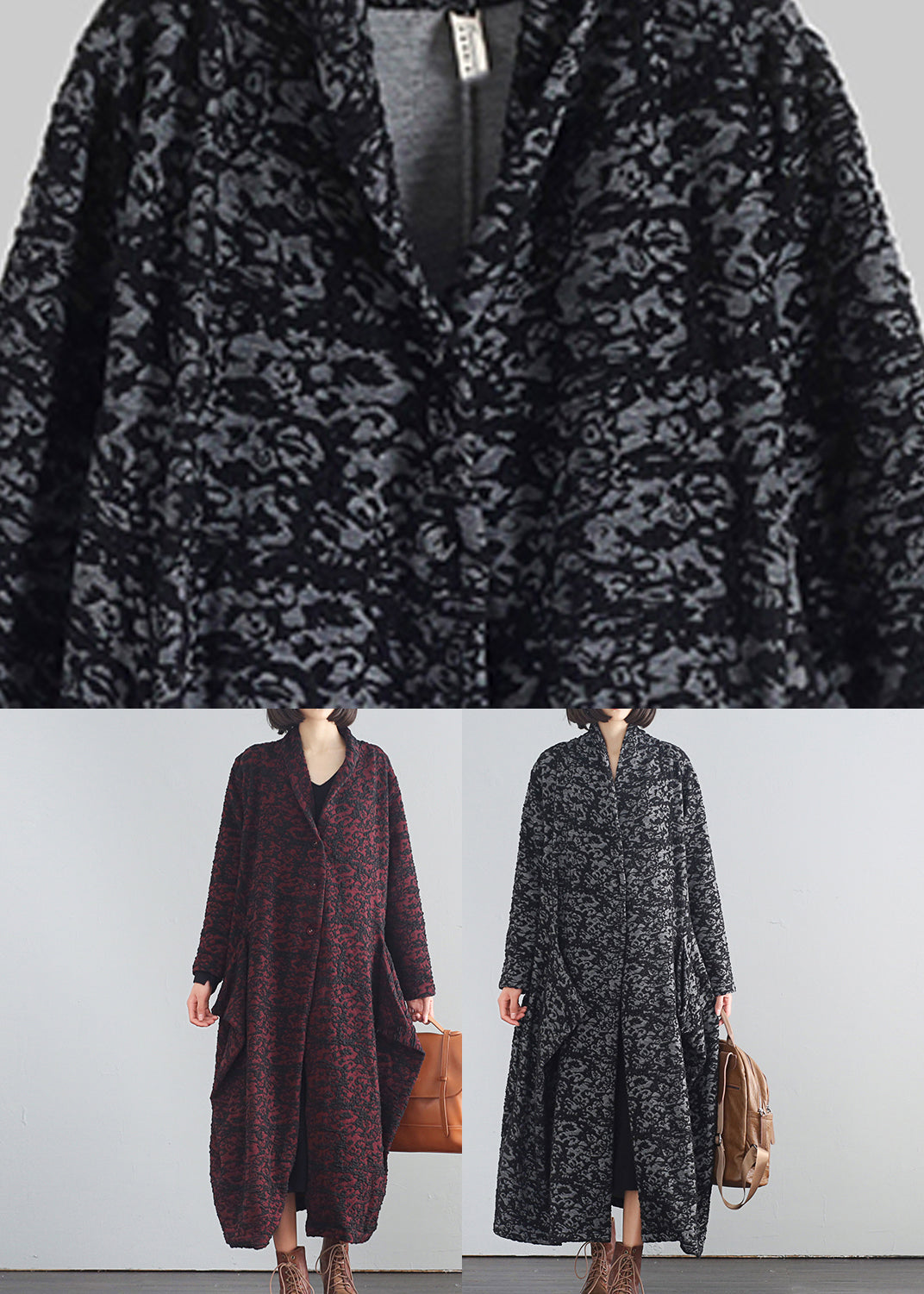Vintage Schwarz V-Ausschnitt Print Button Trenchcoats Herbst