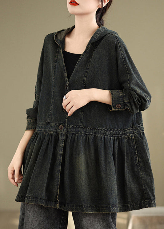 Vintage Black V Neck Wrinkled Pockets Hooded Denim Coats Fall