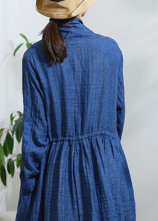 Vintage Blue Bow Button drawstring Trench Coats Long Sleeve