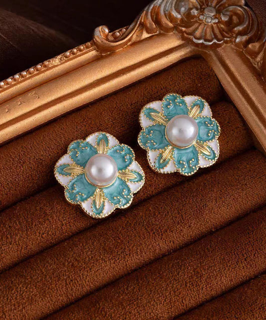 Vintage Blue Copper Pearl Floral Stud Earrings