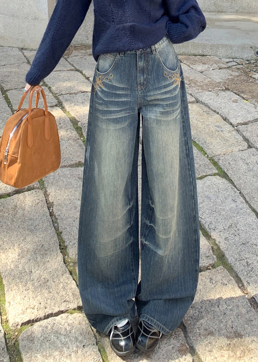 Vintage-Jeans mit weitem Bein, blau, bestickte Taschen, Frühling