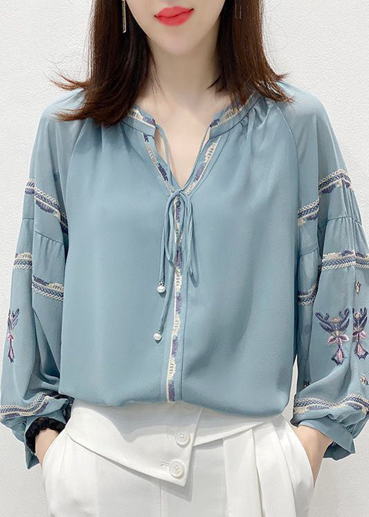Vintage Blue Embroideried V Neck Chiffon Shirt Top Three Quarter sleeve