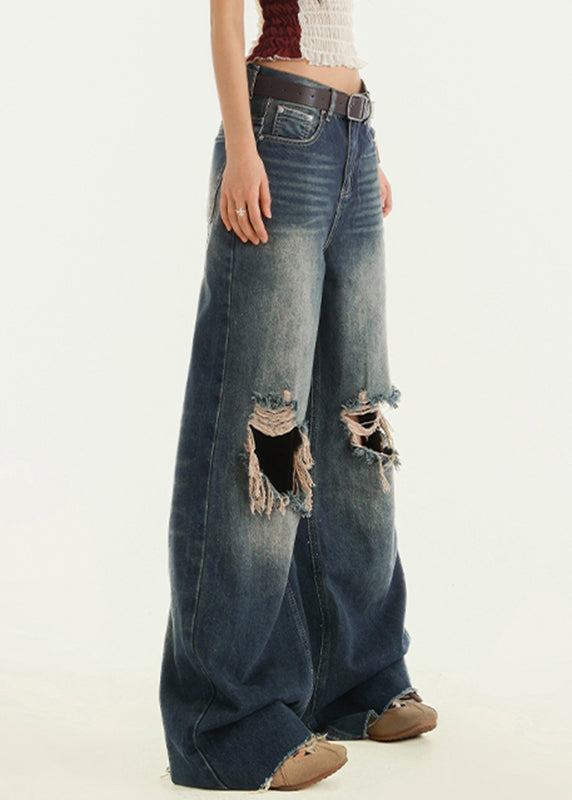 Vintage blaue High Waist Wide Leg Jeans mit Rissen für den Herbst
