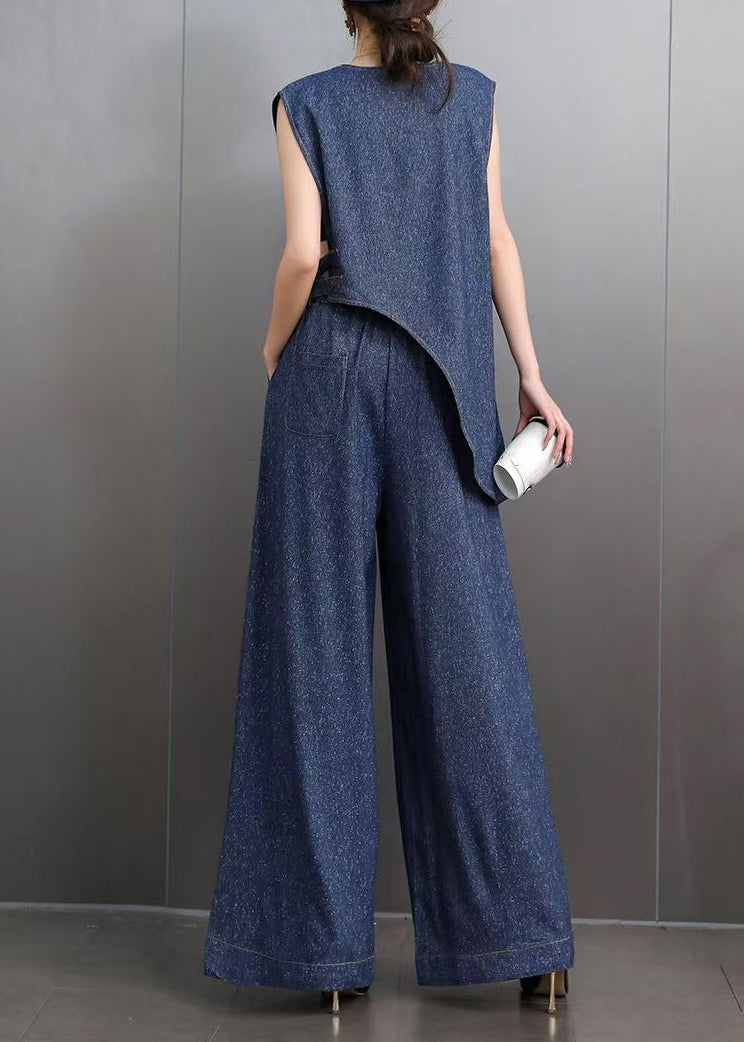 Vintage Blue O-Neck Navy Asymmetrical Denim Top And Wide Leg Pants Two Pieces Set Summer