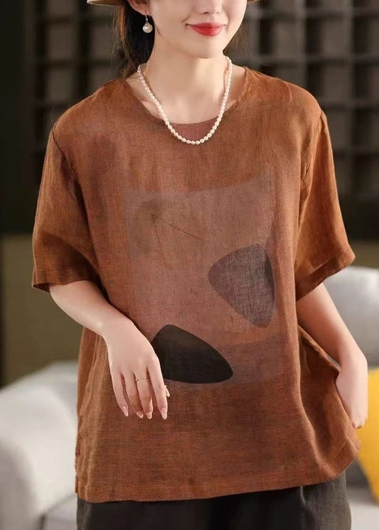 Vintage Blue O Neck Print Linen T Shirts Summer