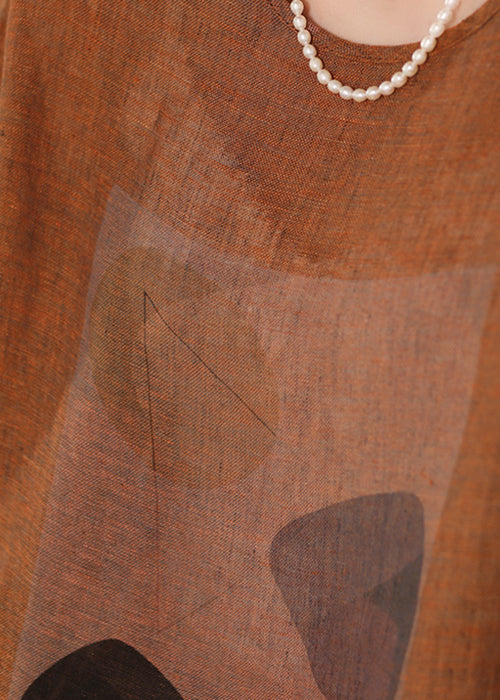 Vintage Blue O Neck Print Linen T Shirts Summer