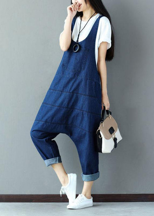 Vintage Blue Pockets wrinkled Harem Fall Cotton Romper - SooLinen