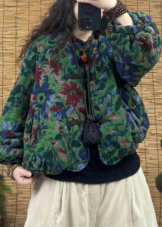 Vintage Blue Print Chinese Button Pockets Cotton Filled Coat Spring