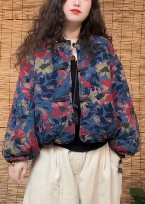 Vintage Blue Print Chinese Button Pockets Cotton Filled Coat Spring