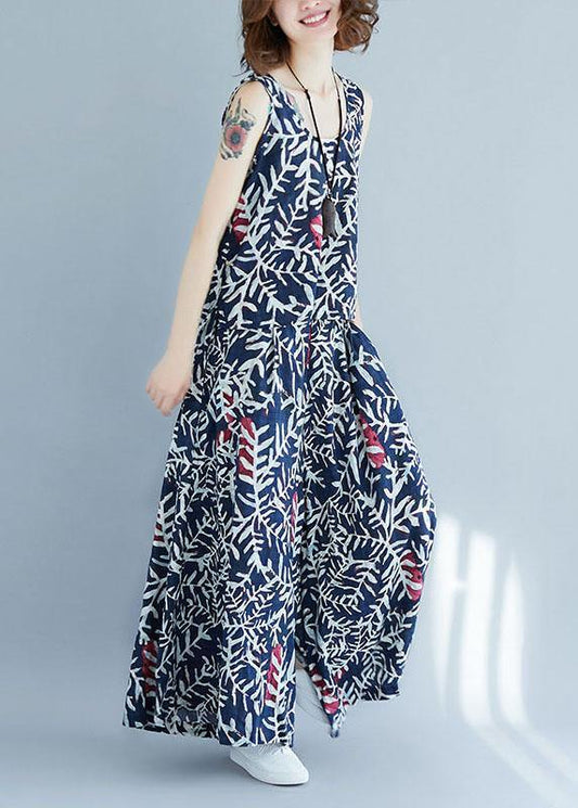 Vintage Blue Print Sleeveless Two-Piece Set Summer Cotton Linen - SooLinen