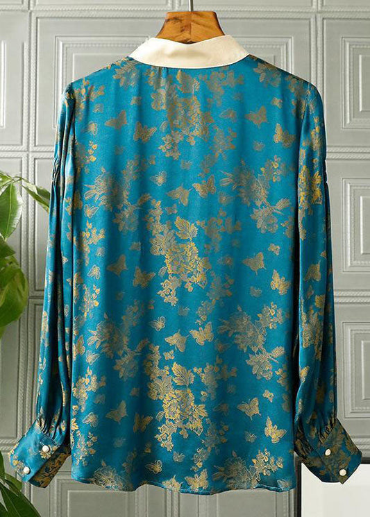 Vintage Blau Stehkragen Patchwork Jacquard Seide Shirt Top Herbst