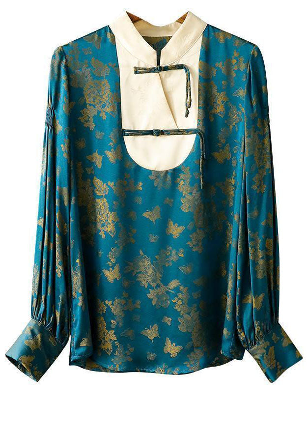 Vintage Blau Stehkragen Patchwork Jacquard Seide Shirt Top Herbst