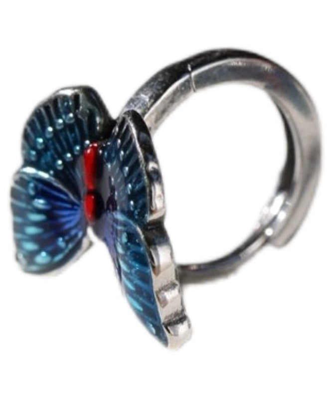 Vintage Blue Sterling Silver Butterfly Cloisonne Hoop Earrings