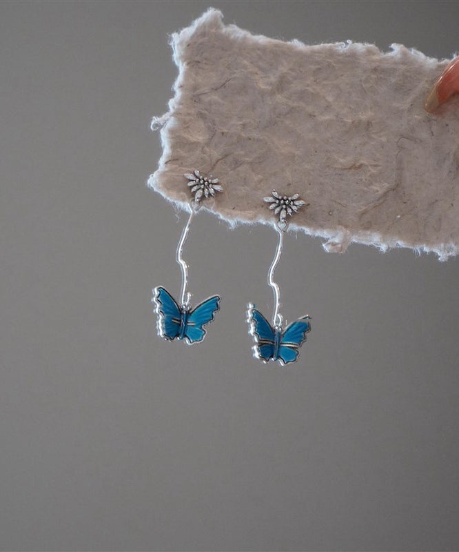 Vintage Blue Sterling Silver Overgild Asymmetrical Butterfly Floral Drop Earrings