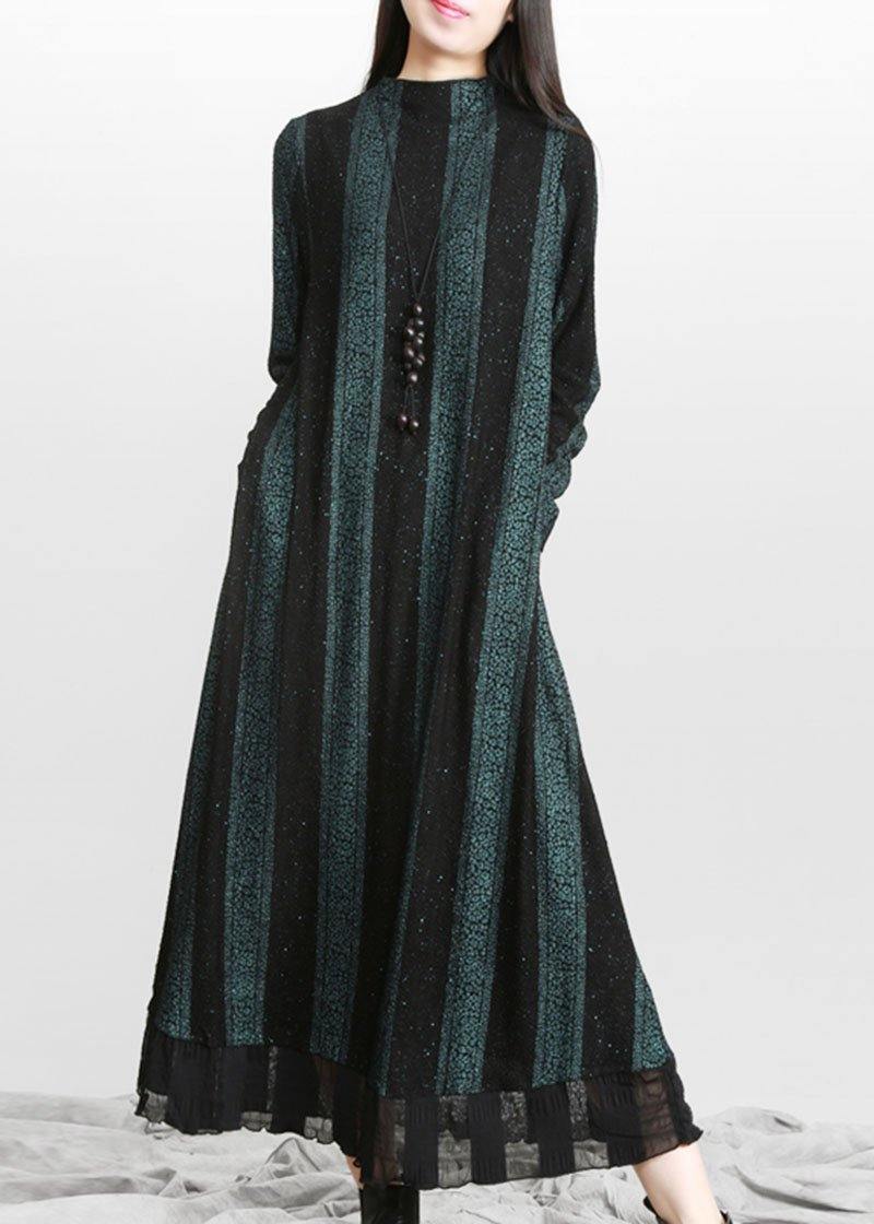 Vintage Blue Striped PatchworkChiffon Fall Long Dresses - SooLinen