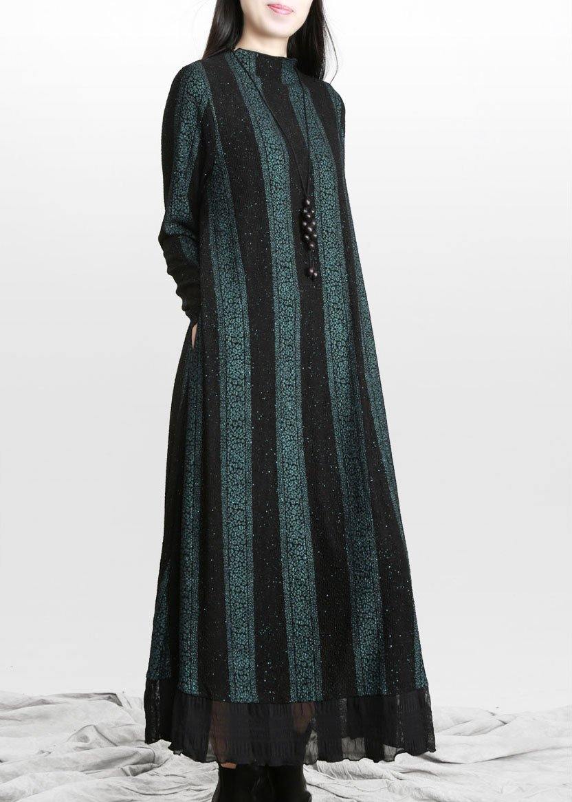 Vintage Blue Striped PatchworkChiffon Fall Long Dresses - SooLinen