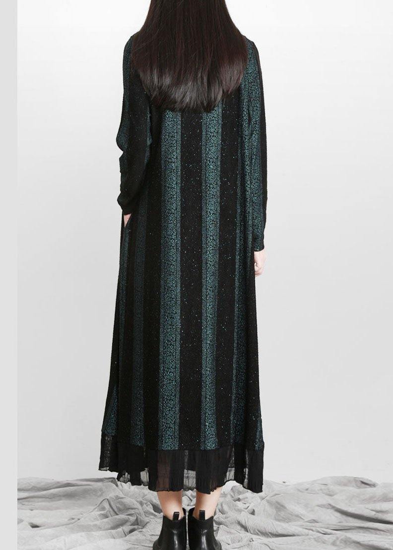 Vintage Blue Striped PatchworkChiffon Fall Long Dresses - SooLinen