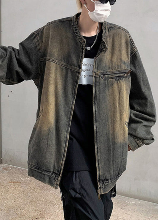 Vintage Blue Zippered Pockets Denim Men Coat Fall