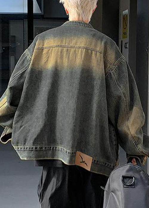 Vintage Blue Zippered Pockets Denim Men Coat Fall