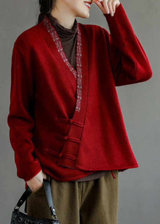 Vintage Blau taste V Neck Bestickt Woll mäntel Langarm