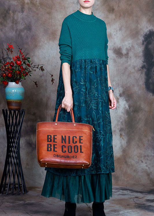 Vintage Blaues Slim Fit Spitzen Patchwork Strick Herbst Wollkleid