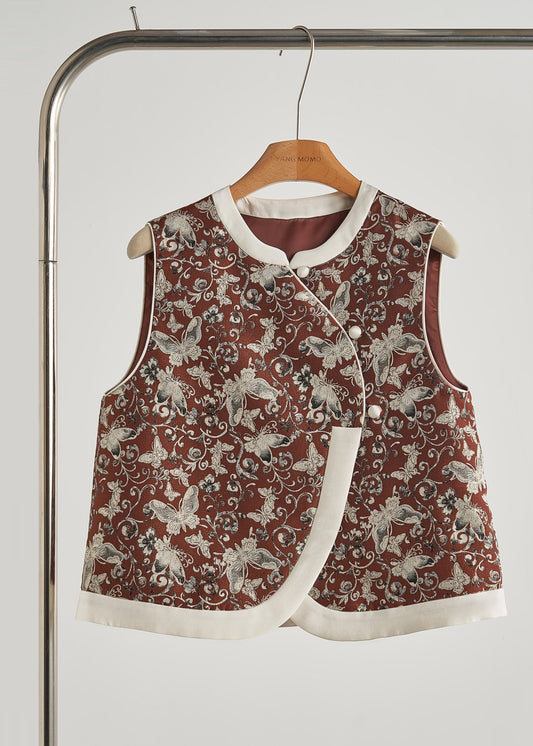 Vintage Brick Red Butterfly Jacquard Cotton Vests Fall