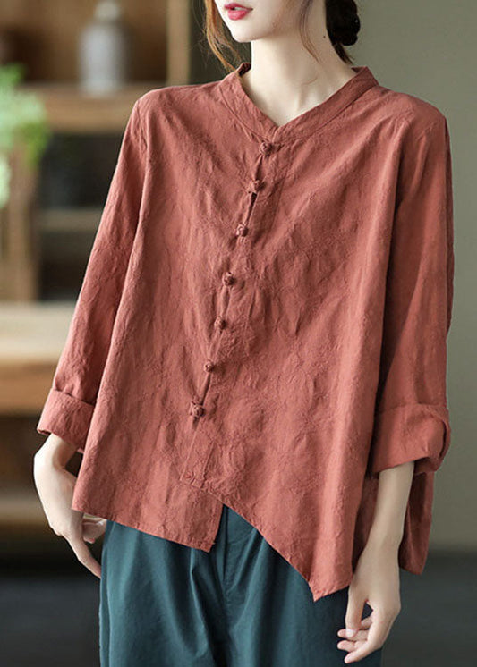 Vintage Brick Red asymmetrical design Patchwork Button Fall Blouses