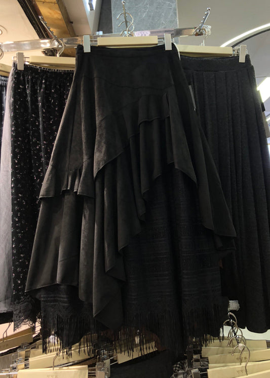 Vintage brauner asymmetrischer Patchwork-Rock aus Wildlederimitat für den Winter