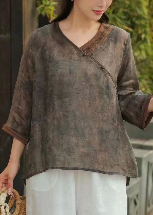 Pulsera de lino con estampado de botones chinos marrón vintage y patchwork con mangas