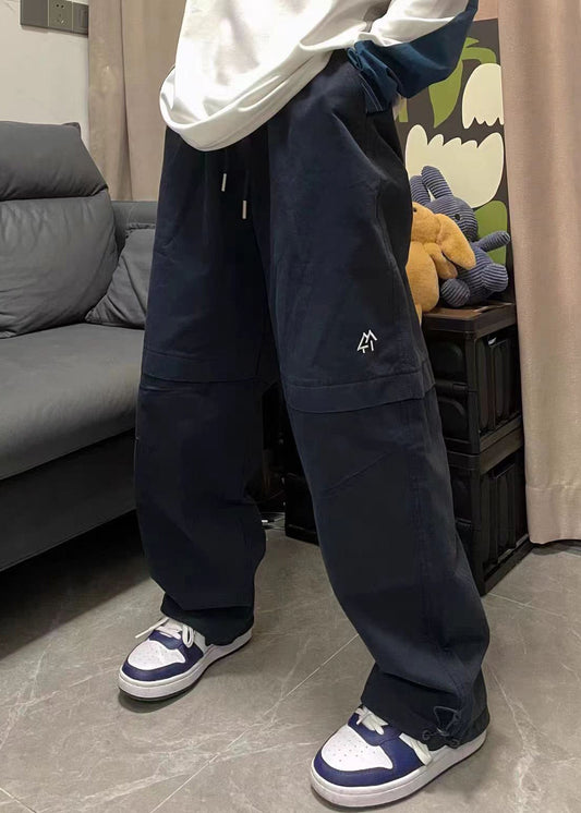 Vintage Brown Embroideried Elastic Waist Cotton Mens Pants Summer