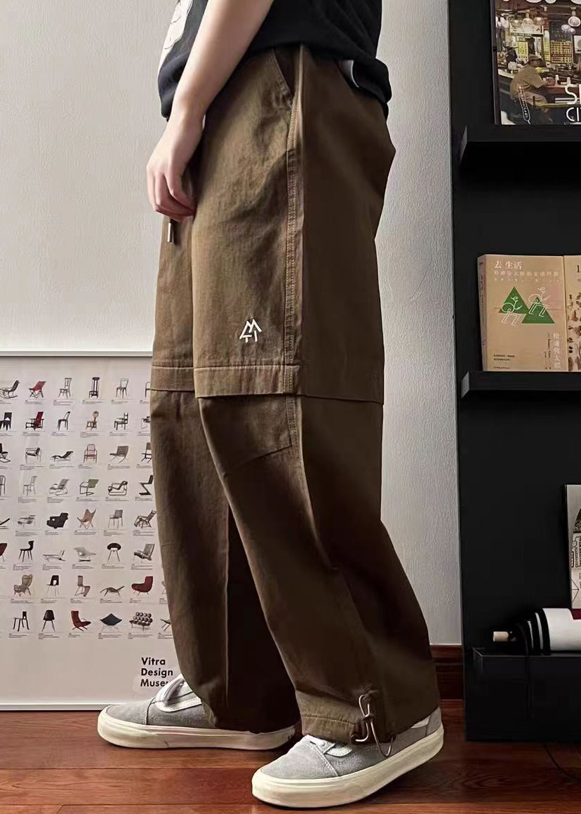 Vintage Brown Embroideried Elastic Waist Cotton Mens Pants Summer