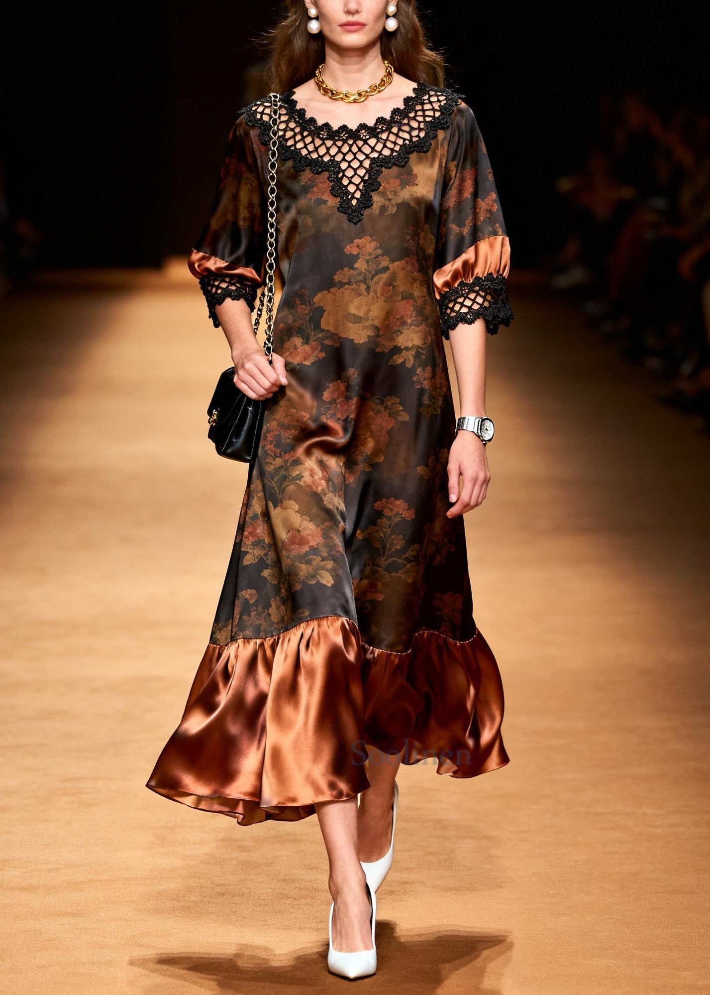 Vintage Brown Print Patchwork Hollow Out Silk Long Dress Summer